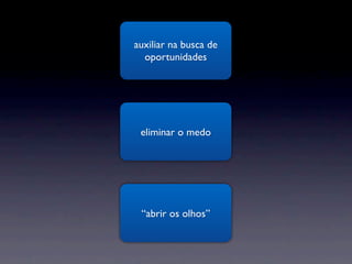 auxiliar na busca de
  oportunidades




 eliminar o medo




 “abrir os olhos”
 