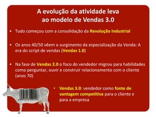 • Tudo começou com a consolidação da Revolução Industrial
• Os anos 40/50 vêem o surgimento da especialização da Venda: A
era do script de vendas (Vendas 1.0)
• Na fase de Vendas 2.0 o foco do vendedor migrou para habilidades
como perguntar, ouvir e construir relacionamento com o cliente
(anos 70)
A evolução da atividade leva
ao modelo de Vendas 3.0
• Vendas 3.0: vendedor como fonte de
vantagem competitiva para o cliente e
para a empresa
 