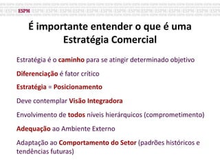 É importante entender o que é uma
Estratégia Comercial
Estratégia é o caminho para se atingir determinado objetivo
Diferenciação é fator crítico
Estratégia = Posicionamento
Deve contemplar Visão Integradora
Envolvimento de todos níveis hierárquicos (comprometimento)
Adequação ao Ambiente Externo
Adaptação ao Comportamento do Setor (padrões históricos e
tendências futuras)
 