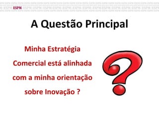 A Questão Principal
Minha Estratégia
Comercial está alinhada
com a minha orientação
sobre Inovação ?
 