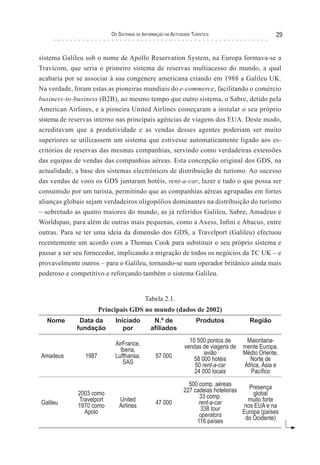 os sIsTeMas de InForMação na acTIvIdade TurísTIca                       29


sistema Galileu sob o nome de Apollo Reservation System, na Europa formava-se a
Travicom, que seria o primeiro sistema de reservas multiacesso do mundo, a qual
acabaria por se associar à sua congénere americana criando em 1988 a Galileu UK.
Na verdade, foram estas as pioneiras mundiais do e-commerce, facilitando o comércio
business-to-business (B2B), ao mesmo tempo que outro sistema, o Sabre, detido pela
American Airlines, e a pioneira United Airlines começaram a instalar o seu próprio
sistema de reservas interno nas principais agências de viagens dos EUA. Deste modo,
acreditavam que a produtividade e as vendas desses agentes poderiam ser muito
superiores se utilizassem um sistema que estivesse automaticamente ligado aos es-
critórios de reservas das mesmas companhias, servindo como verdadeiras extensões
das equipas de vendas das companhias aéreas. Esta concepção original dos GDS, na
actualidade, a base dos sistemas electrónicos de distribuição de turismo. Ao sucesso
das vendas de voos os GDS juntaram hotéis, rent-a-car, lazer e tudo o que possa ser
consumido por um turista, permitindo que as companhias aéreas agrupadas em fortes
alianças globais sejam verdadeiros oligopólios dominantes na distribuição do turismo
– sobretudo as quatro maiores do mundo, as já referidos Galileu, Sabre, Amadeus e
Worldspan, para além de outras mais pequenas, como a Axess, Infini e Abacus, entre
outras. Para se ter uma ideia da dimensão dos GDS, a Travelport (Galileu) efectuou
recentemente um acordo com a Thomas Cook para substituir o seu próprio sistema e
passar a ser seu fornecedor, implicando a migração de todos os negócios da TC UK – e
provavelmente outros – para o Galileu, tornando-se num operador britânico ainda mais
poderoso e competitivo e reforçando também o sistema Galileu.


                                           Tabela 2.1.
                       Principais GDS no mundo (dados de 2002)
  Nome        Data da        Iniciado          N.º de                Produtos           Região
             fundação           por           afiliados

                             AirFrance,                          10 500 pontos de      Maioritaria-
                               Iberia,                         vendas de viagens de   mente Europa.
Amadeus         1987         Lufthansa,          57 000                avião          Médio Oriente,
                                SAS                                58 000 hotéis        Norte de
                                                                   50 rent-a-car      África, Ásia e
                                                                   24 000 locais         Pacífico
                                                                 500 comp. aéreas       Presença
             2003 como                                         227 cadeias hoteleiras     global
             Travelport       United                                 33 comp.           muito forte
Galileu      1970 como        Airlines           47 000              rent-a-car       nos EUA e na
               Apolo                                                  338 tour        Europa (países
                                                                     operators         do Ocidente)
                                                                    116 países
 