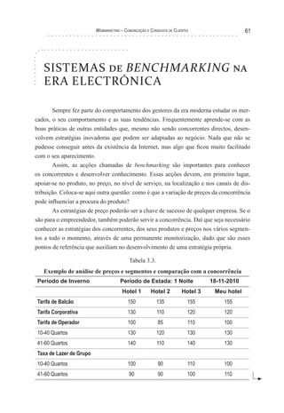 Webmarketing – coMunIcação e conquIsTa de clIenTes                   61




   SISTEMAS de BENCHMARKING na
   ERA ELECTRÓNICA

        Sempre fez parte do comportamento dos gestores da era moderna estudar os mer-
cados, o seu comportamento e as suas tendências. Frequentemente aprende-se com as
boas práticas de outras entidades que, mesmo não sendo concorrentes directos, desen-
volvem estratégias inovadoras que podem ser adaptadas ao negócio. Nada que não se
pudesse conseguir antes da existência da Internet, mas algo que ficou muito facilitado
com o seu aparecimento.
        Assim, as acções chamadas de benchmarking são importantes para conhecer
os concorrentes e desenvolver conhecimento. Essas acções devem, em primeiro lugar,
apoiar-se no produto, no preço, no nível de serviço, na localização e nos canais de dis-
tribuição. Coloca-se aqui outra questão: como é que a variação de preços da concorrência
pode influenciar a procura do produto?
        As estratégias de preço poderão ser a chave de sucesso de qualquer empresa. Se o
são para o empreendedor, também poderão servir a concorrência. Daí que seja necessário
conhecer as estratégias dos concorrentes, dos seus produtos e preços nos vários segmen-
tos a todo o momento, através de uma permanente monitorização, dado que são esses
pontos de referência que auxiliam no desenvolvimento de uma estratégia própria.

                                           Tabela 3.3.
   Exemplo de análise de preços e segmentos e comparação com a concorrência
Período de Inverno                    Período de Estada: 1 Noite                 18-11-2010
                                       Hotel 1        Hotel 2          Hotel 3    Meu hotel
Tarifa de Balcão                          150            135              155        155
Tarifa Corporativa                        130            110              120        120
Tarifa de Operador                        100             85              110        100
10-40 Quartos                             130            120              130        130
41-60 Quartos                             140            110              140        130
Taxa de Lazer de Grupo
10-40 Quartos                             100             90              110        100
41-60 Quartos                              90             90              100         110
 