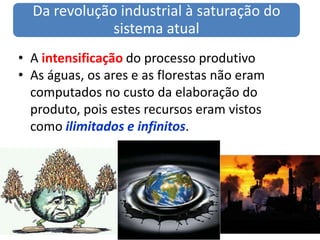 A intensificação do processo produtivoAs águas, os ares e as florestas não eram computados no custo da elaboração do produto, pois estes recursos eram vistos como ilimitados e infinitos.