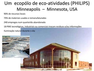 Um  ecopólo de eco-atividades (PHILIPS)Minneapolis  –  Minnesota, USA90% de recursos locais79% de materiais usados e remanufaturados240 empregos num quarteirão abandonado18 PME tecnológicas, industriais ou comerciais trocam resíduos e/ou informaçõesIluminação natural durante o dia