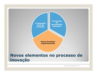 O processo
          A dimensão           de
            local da      aprendizado
           inovação        interativo




               Novos formatos
               organizacionais




Novos elementos no processo de
inovação
                                        leomoraesbh@gmail.com
 