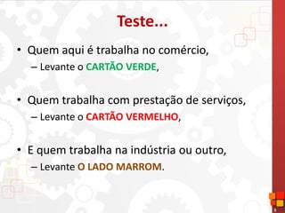 5
Teste...
• Quem aqui é trabalha no comércio,
– Levante o CARTÃO VERDE,
• Quem trabalha com prestação de serviços,
– Levante o CARTÃO VERMELHO,
• E quem trabalha na indústria ou outro,
– Levante O LADO MARROM.
 