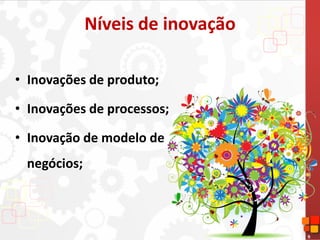 9
Níveis de inovação
• Inovações de produto;
• Inovações de processos;
• Inovação de modelo de
negócios;
 