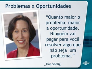 Problemas x Oportunidades
“Quanto maior o
problema, maior
a oportunidade.
Ninguém vai
pagar para você
resolver algo que
não seja um
problema.”
_Tina Seelig
 