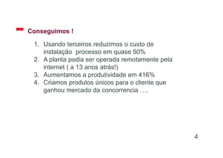Conseguimos !
4
1. Usando terceiros reduzimos o custo de
instalação processo em quase 50%
2. A planta podia ser operada remotamente pela
internet ( a 13 anos atrás!)
3. Aumentamos a produtividade em 416%
4. Criamos produtos únicos para o cliente que
ganhou mercado da concorrencia ….
 
