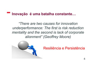 Inovação é uma batalha constante…
4
“There are two causes for innovation
underperformance: The first is risk reduction
mentality and the second is lack of corporate
alignment” (Geoffrey Moore)
Resiliência e Persistência
 