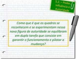 5.2. – Pod
er,
Influência
e
Autoridad
e

Como que é que os quadros se
reconhecem e se experimentam nessa
nova figura de autoridade se equilibram
em dupla tarefa que consiste em
garantir o funcionamento e pilotar a
mudança?

 