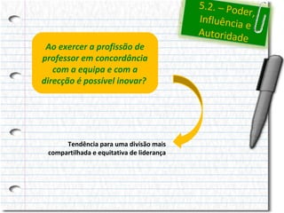 Ao exercer a profissão de
professor em concordância
com a equipa e com a
direcção é possível inovar?

Tendência para uma divisão mais
compartilhada e equitativa de liderança

5.2. – Pod
er,
Influência
e
Autoridad
e

 