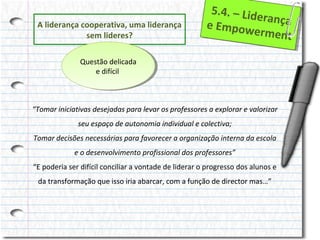 A liderança cooperativa, uma liderança
sem lideres?

5..4.– Liid
5 4. – L de
erança
ranç a
e Empow
e Empow
errmentt
e m en

Questão delicada
Questão delicada
eedifícil
difícil

“Tomar iniciativas desejadas para levar os professores a explorar e valorizar
seu espaço de autonomia individual e colectiva;
Tomar decisões necessárias para favorecer a organização interna da escola
e o desenvolvimento profissional dos professores”
“E poderia ser difícil conciliar a vontade de liderar o progresso dos alunos e
da transformação que isso iria abarcar, com a função de director mas…”

 