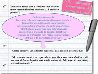 “Contracto social une o conjunto dos actores
numa responsabilidade colectiva (…) processo
que visa”:

5..5.– Liid
5 5 . – L de
erança
ranç a
Cooperrat
Coope at v
iivae
a e
Conttracto
Con rac to
Sociial
Soc al

-Explorar a autonomia;
-Ter em atenção uma organização interna que permita o
desenvolvimento dos alunos e professores;
-Intervenção dos professores enquanto grupo/equipa;
-“Resolução de problemas, pela estimulação da
controvérsia e a tomada de decisões colectivas”;
-Envolver os professores num “processo de avaliação
contínua e de planificação evolutiva”.

Gestão colectiva: várias tarefas específicas para cada um dos indivíduos
“ O contracto social e as regras da reciprocidade concedem direitos e até
mesmo definem funções nas quais outras de liderança só ingressam
excepcionalmente.”

 