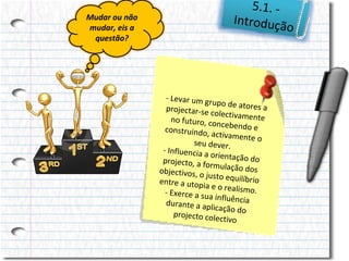 Mudar ou não
mudar, eis a
questão?

5.1. Introduçã
o

- Levar um gr
upo de atore
sa
projectar-se
colectivamen
te
no futuro, co
ncebendo e
construindo,
activamente
o
seu dever.
- Influencia a
orientação d
o
projecto, a fo
rmulação do
s
objectivos, o
justo equilíbr
io
entre a utop
ia e o realism
o.
- Exerce a su
a influência
durante a ap
licação do
projecto cole
ctivo

 