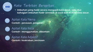 Kata Terbitan Berapitan
Contoh : perasaan, pelajaran
Apitan Kata Kerja
Contoh : menggunakan, dibiarkan
Apitan Kata Adjektif
Contoh : keakraban, kecinaan
Apitan Kata Nama
• Imbuhan yang hadir secara mengapit kata dasar, iaitu dua
bahagian imbuhan hadir serentak di awal dan di akhir kata dasar.
 