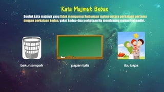 Kata Majmuk Bebas
Bentuk kata majmuk yang tidak mempunyai hubungan makna antara perkataan pertama
dengan perkataan kedua, yakni kedua-dua perkataan itu mendukung makna tersendiri.
 