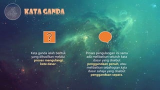 KATA GANDA
Kata ganda ialah bentuk
yang dihasilkan melalui
proses mengulangi
kata dasar.
Proses pengulangan ini sama
ada melibatkan seluruh kata
dasar yang disebut
penggandaan penuh, atau
melibatkan sebahagian kata
dasar sahaja yang disebut
penggandaan separa.
 