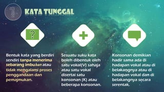 KATA TUNGGAL
Bentuk kata yang berdiri
sendiri tanpa menerima
sebarang imbuhan atau
tidak mengalami proses
penggandaan dan
pemajmukan.
Sesuatu suku kata
boleh dibentuk oleh
satu vokal(V) sahaja
atau satu vokal
disertai satu
konsonan (K) atau
beberapa konsonan.
Konsonan demikian
hadir sama ada di
hadapan vokal atau di
belakangnya atau di
hadapan vokal dan di
belakangnya secara
serentak.
 
