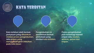 KATA TERBITAN
Kata terbitan ialah bentuk
perkataan yang dihasilkan
melalui proses pengimbuhan,
iaitu proses yang
menggandingkan imbuhan
pada kata dasar.
Proses pengimbuhan
pula terbahagi kepada
empat iaitu awalan,
akhiran, apitan dan
sisipan.
Pengimbuhan ini
melahirkan bentuk
perkataan yang
disebut kata terbitan.
 