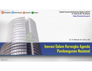 Inovasi Dalam Kerangka Agenda
Pembangunan Nasional
Deputi Inovasi Administrasi Negara LAN-RI
Jl. Veteran No. 10 Jakarta
http://inovasi.lan.go.id
PEDULIINOVATIFINTEGRITAS PROFESIONAL
Dr. Tri Widodo W. Utomo, MA
 