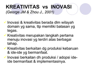 KREATIVITAS vs INOVASI
(George JM & Zhou J., 2001)
Inovasi & kreativitas berada dlm wilayah
domain yg sama, ttp memiliki batasan yg
tegas.
Kreativitas merupakan langkah pertama
menuju inovasi yg terdiri atas berbagai
tahap.
Kreativitas berkaitan dg produksi kebaruan
& ide-ide yg bermanfaat.
Inovasi berkaitan dh produksi / adopsi ide-
ide bermanfaat & implementasinya.
 
