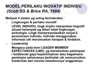 MODEL PERILAKU INOVATIF INDIVIDU
(Scott SG & Brice RA, 1994)
Meliputi 4 sistem yg saling berinteraksi :
a. Lingkungan & perilaku inovatif
LEVEL INDIVIDU, lingk mrpkn interpretasi kognitif
situasi kelompok yg diberi label lingkungan
psikologis. Lingk mempresentasikan sinyal-2
penerimaan individu. Individu menggunakan
informasi utk merumuskan harapan & tindakan.
b. Leadership
Mengacu pada teori LEADER MEMBER
EXPECTANCES (LMX), yg menekankan partisipasi
/ kolaborasi gaya kepemimpinan atau bagaimana
pemimpin seharusnya bertindak utk memunculkan
kreativitas dan inovasi bawahannya/ anggotanya
 