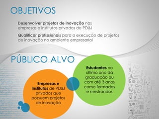 OBJETIVOS
Desenvolver projetos de inovação nas
empresas e institutos privados de PD&I
Qualificar profissionais para a execução de projetos
de inovação no ambiente empresarial
Estudantes no
último ano da
graduação ou
com até 3 anos
como formados
e mestrandos
Empresas e
institutos de PD&I
privados que
possuem projetos
de inovação
PÚBLICO ALVO
 