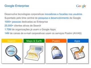 Google Enterprise

Desenvolve tecnologias corporaticas inovadoras e focadas nos usuários
Suportado pelo time central de pesquisa e desenvolvimento da Google
1000+ pessoas dedicadas ao Enterprise
25,000+ clientes ativos de Search
1.75M de organizações já usam o Google Apps
14M de caixas de e-mail corporativas usam os serviços Postini (AV/AS)
 