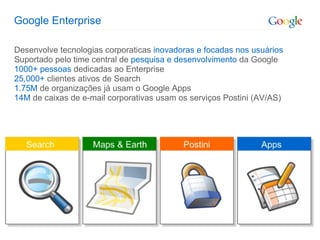 Google Enterprise Desenvolve tecnologias corporaticas  inovadoras e focadas nos usuários Suportado pelo time central de  pesquisa e desenvolvimento  da Google 1000+ pessoas  dedicadas ao Enterprise 25,000+  clientes ativos de Search 1.75M  de organizações já usam o Google Apps 14M  de caixas de e-mail corporativas usam os serviços Postini (AV/AS) 