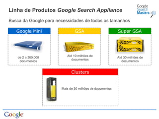 Linha de Produtos  Google Search Appliance Busca da Google para necessidades de todos os tamanhos Google Mini GSA Super GSA de 2 a 300.000 documentos Até 10 milhões de documentos Até 30 milhões de documentos Clusters Mais de 30 milhões de documentos 