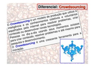 Diferencial: Crowdsourcing
                                                                      a
                                                              utiliza
                                                       o que           s
                                              produçã           ntário
                                      l o de             e volu criar
                            m  mode s coletivos lemas,
                 rci ng é u ecimento               er pro
                                                          b
              ou                           resolv ias.
O Cr  owds e os conh               para                            ciosos
                                t                 l og           o
         ência ela interne ovas tecno                     entos o para
intelig dos p                 e rn             u
                                                       m
                                                 s mo é mesm
 e sp a l ha          s envolv usando se as e at
               ou de a-dia                      m
 co n teúdo o dia-                lv er  proble                     para
                                                                          a
        so  as n teúdo, reso o.                           ramen
                                                                ta
  Pes          r co n         i ment rescente fe
                                                        r
   pa ra cria desenvolv uma c
                 e
    pes   quisa ourcing é
    O C     rowds
                o.
     in ovaçã
 