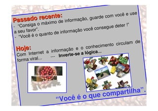 você e use
          o recente: informação, guarde com
Passad o máximo de
- “Consiga                                   onsegue dete
                                                          r !”
a seu favor”.                    ação você c
                  anto de inform
 - “Você é o qu
                                                                 e
                                                   o  circulam d
                                         nheciment
  Hoje:                  rm ação e o
                                       co
  Com Inte  rnet a info erte-se a lógica....
             l...    --- Inv
  forma vira




                                    ue compartilha”.
                      “Você      éoq
 