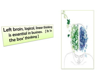 Left brain, logical, linear thinking is essential in business.    [ Its ‘in the box’ thinking ] 