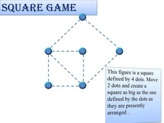 Square game This figure is a square defined by 4 dots. Move 2 dots and create a square as big as the one  defined by the dots as they are presently arranged .