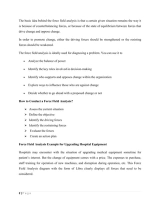 2 | P a g e
The basic idea behind the force field analysis is that a certain given situation remains the way it
is because of counterbalancing forces, or because of the state of equilibrium between forces that
drive change and oppose change.
In order to promote change, either the driving forces should be strengthened or the resisting
forces should be weakened.
The force field analysis is ideally used for diagnosing a problem. You can use it to
 Analyze the balance of power
 Identify the key roles involved in decision-making
 Identify who supports and opposes change within the organization
 Explore ways to influence those who are against change
 Decide whether to go ahead with a proposed change or not
How to Conduct a Force Field Analysis?
 Assess the current situation
 Define the objective
 Identify the driving forces
 Identify the restraining forces
 Evaluate the forces
 Create an action plan
Force Field Analysis Example for Upgrading Hospital Equipment
Hospitals may encounter with the situation of upgrading medical equipment sometime for
patient’s interest. But the change of equipment comes with a price. The expenses to purchase,
staff training for operation of new machines, and disruption during operation, etc. This Force
Field Analysis diagram with the form of Libra clearly displays all forces that need to be
considered.
 