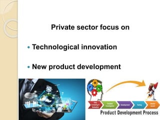 Private sector focus on
 Technological innovation
 New product development
 