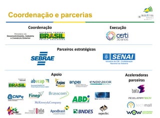 Coordenação Execução
Parceiros estratégicos
Apoio Aceleradoras
parceiras
Coordenação e parcerias
 