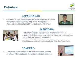 CAPACITAÇÃO
• Conteúdoprático desenvolvido emparceria com especialistas
como Marcelo Nakagawa (FIAP), Pedro Waengertner
(Aceleratech), Cássio Spina (Anjos do Brasil) e McKinsey;
MENTORIA
• Matchmaking entre necessidades do empreendedor e
especialidadedo mentor para acompanhamentoindividual por
um período de quatro a seis meses;
• Eventospresenciais de treinamentono final das Fases 2 e 3;
CONEXÃO
• Apresentaçãodas 125 finalistasa investidorese grandes
empresas interessadasem inovaçãoaberta com startups.
Estrutura
 
