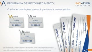 2.000
pontos cumulativos
R$ 250,00
OUROOURO
...............................................
5.000
pontos cumulativos
R$ 500,00
...............................................
RUBI
15.000
pontos cumulativos
R$ 1.000,00
SAFIRA
...............................................
15.000
SAFIRA
RUBI
Para mais informações a respeito do Programa de Reconhecimento, consulte o Manual do Plano de Remuneração.
Os pontos são cumulativos, todas as vezes que você adquirir ou vender uma carta de crédito, se tornar um Franqueado ou
indicar novos Franqueados, você acumula pontos para o seu crescimento no Programa de Reconhecimento.
Conﬁra as premiações que você ganha ao acumular pontos.
CHEQUENº
0022203340
R$
250,00
reste
quantiadeDuzentosecinquentareais
ualificadoOuro
InovatyonSãoPaulo08desetembrode2015
Os pontos são cumulativos, todas as vezes que você adquirir ou vender uma carta de crédito, se tornar um Franqueado ou
CHEQUENº
0022203340
R$
250,00
reste
quantiadeDuzentosecinquentareais
Duzentosecinquentareais
CHEQUENº
0022203340
R$
500,00
agueporeste
hequeaquantiadeQuinhentosreais
aQualificadoRubi
Inovatyon
SãoPaulo08desetembrode2015
onﬁra as premiações que você ganha ao acumular pontos.
002220500,00
agueporeste
hequeaquantiadeQuinhentosreais
aQualificadoRubi
QualificadoRubi
IInnInIInIovaovanovannovantytyovatyovaovatyovaootyotytyotynnonoono
SãoPaulo08desetembrode2015
CHEQUENº
0022203340
R$
1.000,00eporeste
ueaquantiadeUmmilequinhentosreais
ualificadoSafira
Inovatyon
SãoPaulo08desetembrode2015
PAG 26
PROGRAMA DE RECONHECIMENTO
 