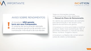 PAG 35
IMPORTANTE
Todas as informações contidas
nesta apresentação estão detalhadas
no Manual do Plano de Remuneração.
Os valores aqui apresentados são exemplos
para demonstração e não servem como
garantia de estimativa de ganhos.
A Inovatyon é a única autorizada a modiﬁcar
qualquer objeto nesta apresentação. Não é
permitida a alteração ou inserção de slides,
textos, números, imagens e layout.
A Inovatyon e a Realiza não comercializam
cartas de crédito contempladas.
A Inovatyon NÃO garante
lucro aos seus Franqueados.
O sistema de remuneração adotado
pela empresa beneﬁcia de acordo com
a produção individual e da sua equipe.
AVISO SOBRE RENDIMENTOS:
 