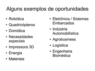 Alguns exemplos de oportunidades
●

Robótica

●

Quadricópteros

●
●

Domótica
Necessidades
especiais

●

●

Eletrônica / Sistemas
Embarcados
Indústria
Automobilística

●

Agrobusiness

Impressora 3D

●

Logística

●

Energia

●

●

Materiais

●

Engenharia
Biomédica

 