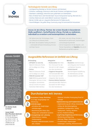 Technologische Vorteile von Liferay
                               • Leichtgewichtig: Benötigt nur Servlet Container und Datenbank
                               • Container-unabhängig: Unterstützt viele Servlet Container und Application Server
                               • Datenbank-unabhängig: Unterstützt eine große Reihe von Datenbanken
                               • Best-of-Breed: Nutzt viele führende Open-Source-Komponenten (spring, hibernate etc.)
                               • Interface: Bietet eine sehr starke Web2.0-JavaScript-Integration
                               • Betrieb: Enthält viele vor-integrierte Mechanismen für Skalierung etc.
                               • Zukunftsfähigkeit: Die große Liferay-Community sorgt für kontinuierliche Innovationen




                               inovex ist als Liferay-Partner der ersten Stunde in besonderem
                               Maße qualifiziert, hocheffiziente Liferay-Portale zu realisieren,
                               individuell zu erweitern und kostenoptimiert zu betreiben.

                               • Wir beherrschen den Technologien-Stack                 • Wir wissen, wie man Liferay-Portale im
                                   von Liferay bis ins kleinste Detail                    Rechenzentrum performant, hochverfügbar
                               • Wir bieten das komplette Tooling drumherum               und kostengünstig betreibt
                                   – individuelle Software-Entwicklung mit Java         • Und wir kooperieren mit den Apache- und
                                   und Open Source                                        Tomcat-Spezialisten von kippdata, die uns im
                                                                                          Rechenzentrum perfekt ergänzen




inovex GmbH                    Ausgewählte Referenzen im Umfeld von Liferay
inovex ist ein qualitäts-      Entwicklung                           Integration                        Betrieb
orientiertes IT-Systemhaus
mit Standorten in Pforzheim    • ZEITGEIST at work AG                • fischerwerke Web-Platt-          • Maxdome Unterbrechungs-
(Zentrale), München                Web2.0-Enterprise-Portal              form (Extranet) für den         arme Migration der Frontend-
und Köln. Wir beschäftigen
uns mit der Entwicklung            auf Grundlage von Liferay             Vertrieb mit SAP-Integra-       und Backend-Systeme
von individueller Business-    • Dehner                                  tion über Konnektoren          • United Internet
Software (Java, RoR, .NET),
                                   Web2.0-Enterprise-Portal          • Gaggenau Hausgeräte               Hochverfügbare Auslieferung
mit der Realisierung von
Business-Intelligence-Syste-       auf Grundlage von Liferay             Internationale Web-Platt-       der Werbebanner auf den
men (Microsoft, SAP, Open      • WEB.DE Customer Self                    form (Internet) mit SAP-        Portalen WEB.DE und GMX
Source) und mit Services
rund um den Betrieb von            Care Abbildung gewachsener            Integration über Services
Business Software im Data          heterogener Services in einer     • Siemens Medical Solutions
Center (Linux, Apache,
Tomcat). Mit unserem Team          homogenen, konsistenten               Internationale Web-Plattform
von mittlerweile 50 Mitar-         Service-Schicht mit verein-           (Extranet) mit SAP-Integra-
beitern betreuen wir zum           heitlichtem Web Interface             tion über Konnektoren
Beispiel 1&1, Arburg, Daim-
ler, Ehrmann, fischerwerke,
Gaggenau Hausgeräte, GMX,
GRENKELEASING, Hewlett-
Packard, iProspect, MAHLE,           Durchstarten mit inovex
Porsche, Rutronik, Siemens
Medical Solutions, WEB. DE
und ZEITGEIST@work.
Mehr über uns unter
                               1     Kostenloser Setup-Workshop
                                     (1/2 Tag): Ausgangslage und
                                                                                      • Optional: Schnelles Prototyping/Proof of
                                                                                       Concept
www.inovex.de                        Zielsetzung                                      Implementierung und Produktivbetrieb
                                                                                                                                       4
Ihr direkter Draht
                               2     Anforderungen
                                     • Aufnahme der langfristigen
                                                                                      • Implementierung der Liferay-Anwendung
                                                                                      • Aufbau der Betriebsumgebung:
zu inovex                              Anforderungen                                   Installation, Konfiguration, Tuning
                                     • Bestimmung des Status Quo,                     • Deployment, Testing, Abnahme
inovex GmbH                            Analyse der vorhandenen Systeme                • Go live, Produktivstellung
Büro Pforzheim (Zentrale)
Karlsruher Straße 71
D-75179 Pforzheim
                               3     Lösungsdesign und -planung
                                     • Zielarchitektur, Scoping,
                                                                                      Langfristige Begleitung und Betreuung
                                                                                      • Monitoring und Reporting
                                                                                                                                       5
Tel. 07231 3191 - 0                    Feinkonzeption                                 • Wartung, Pflege, Maintenance, Support
Fax 07231 3191 - 91                  • Roadmap: Maßnahmenplan, Kosten-                • Erweiterungen, Anpassungen
info@inovex.de
                                       plan, Zeitplan                                 • Schulungen, Coaching, Wissenstransfer
www.inovex.de
 