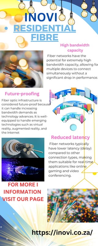 Fiber optic infrastructure is
considered future-proof because
it can handle increasing
bandwidth demands as
technology advances. It is well-
equipped to handle emerging
technologies such as virtual
reality, augmented reality, and
the Internet
Fiber networks typically
have lower latency (delay)
compared to other
connection types, making
them suitable for real-time
applications like online
gaming and video
conferencing.
Reduced latency
RESIDENTIAL
FIBRE
Fiber networks have the
potential for extremely high
bandwidth capacity, allowing for
multiple devices to connect
simultaneously without a
significant drop in performance.
INOVI
High bandwidth
capacity
Future-proofing
FOR MORE I
INFORMATION
VISIT OUR PAGE
https://inovi.co.za/
 