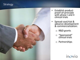 Strategy
7
• Establish product
proof-of-principle
with phase I and II
clinical trials
• Spread cost/risk &
advance development
& commercialization:
o R&D grants
o “Sponsored”
clinical trials
o Partnerships
 