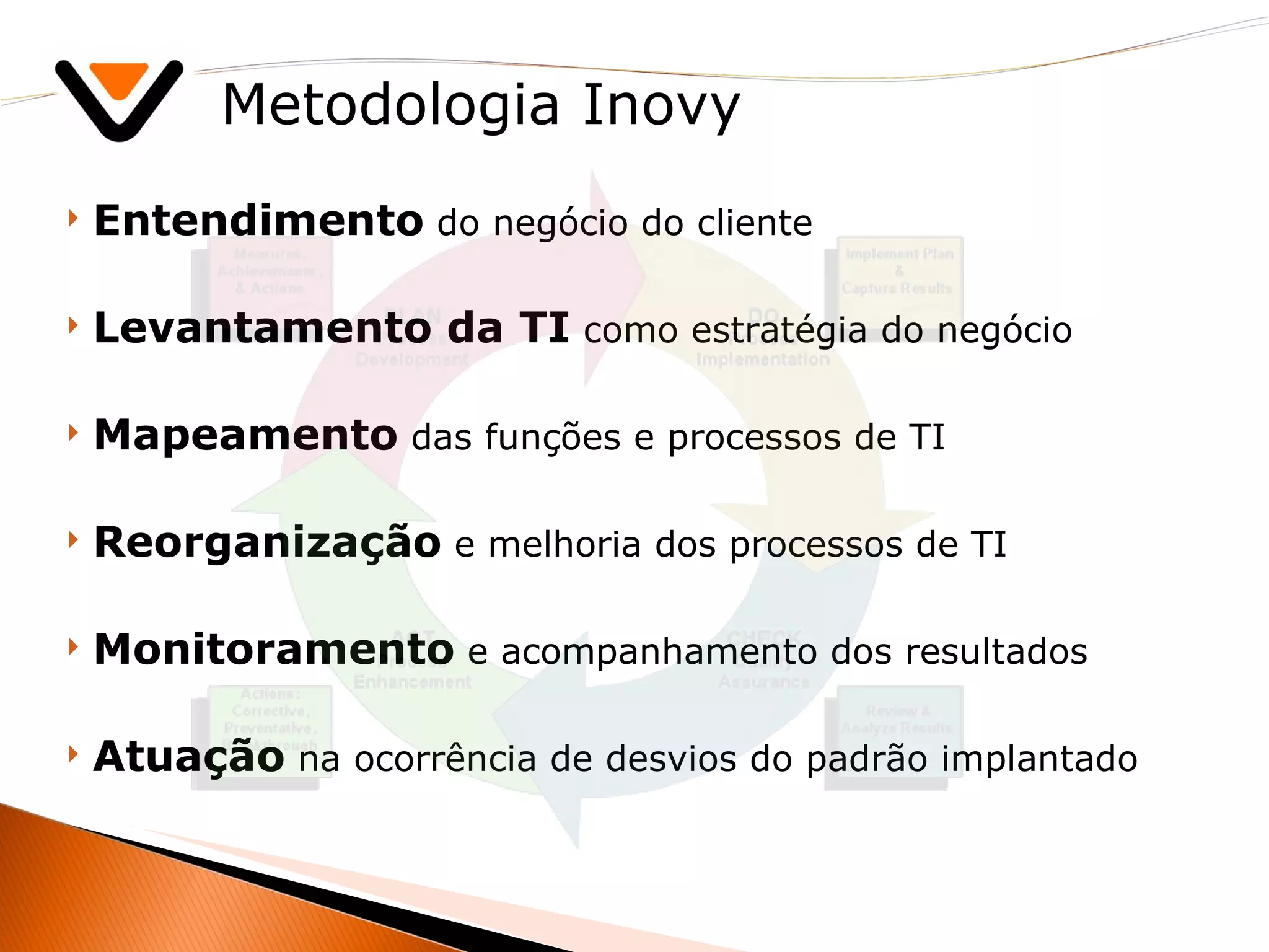 Metodologia Inovy Entendimento  do negócio do cliente Levantamento da TI  como estratégia do negócio Mapeamento  das funções e processos de TI Reorganização  e melhoria dos processos de TI  Monitoramento  e acompanhamento dos resultados Atuação  na ocorrência de desvios do padrão implantado 