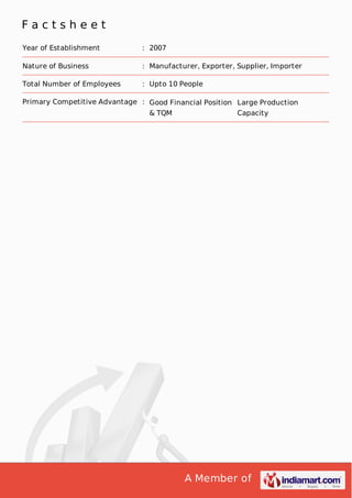 A Member of
F a c t s h e e t
Year of Establishment : 2007
Nature of Business : Manufacturer, Exporter, Supplier, Importer
Total Number of Employees : Upto 10 People
Primary Competitive Advantage : Good Financial Position
& TQM
Large Production
Capacity
 