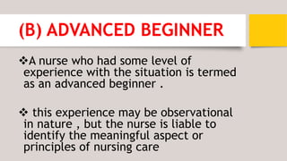 (B) ADVANCED BEGINNER
A nurse who had some level of
experience with the situation is termed
as an advanced beginner .
 this experience may be observational
in nature , but the nurse is liable to
identify the meaningful aspect or
principles of nursing care
 