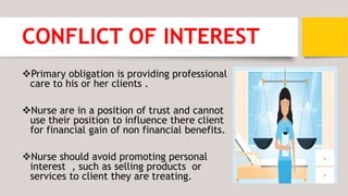 CONFLICT OF INTEREST
Primary obligation is providing professional
care to his or her clients .
Nurse are in a position of trust and cannot
use their position to influence there client
for financial gain of non financial benefits.
Nurse should avoid promoting personal
interest , such as selling products or
services to client they are treating.
 