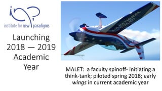 Launching
2018 — 2019
Academic
Year MALET: a faculty spinoff- initiating a
think-tank; piloted spring 2018; early
wings in current academic year
 